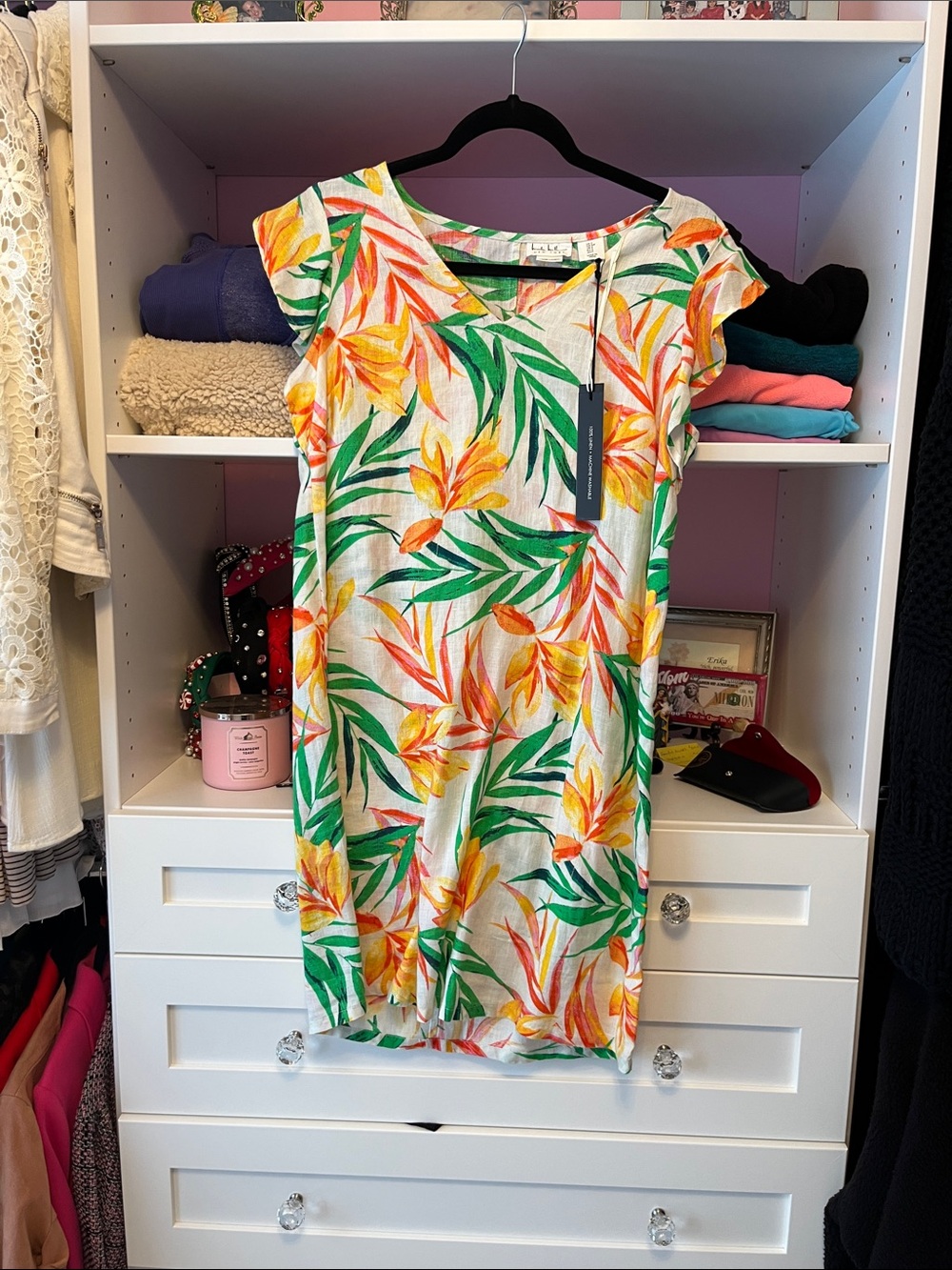 Nicole Miller Tropical Leaf & Bloom Mini Dress in White, Green & Yellow